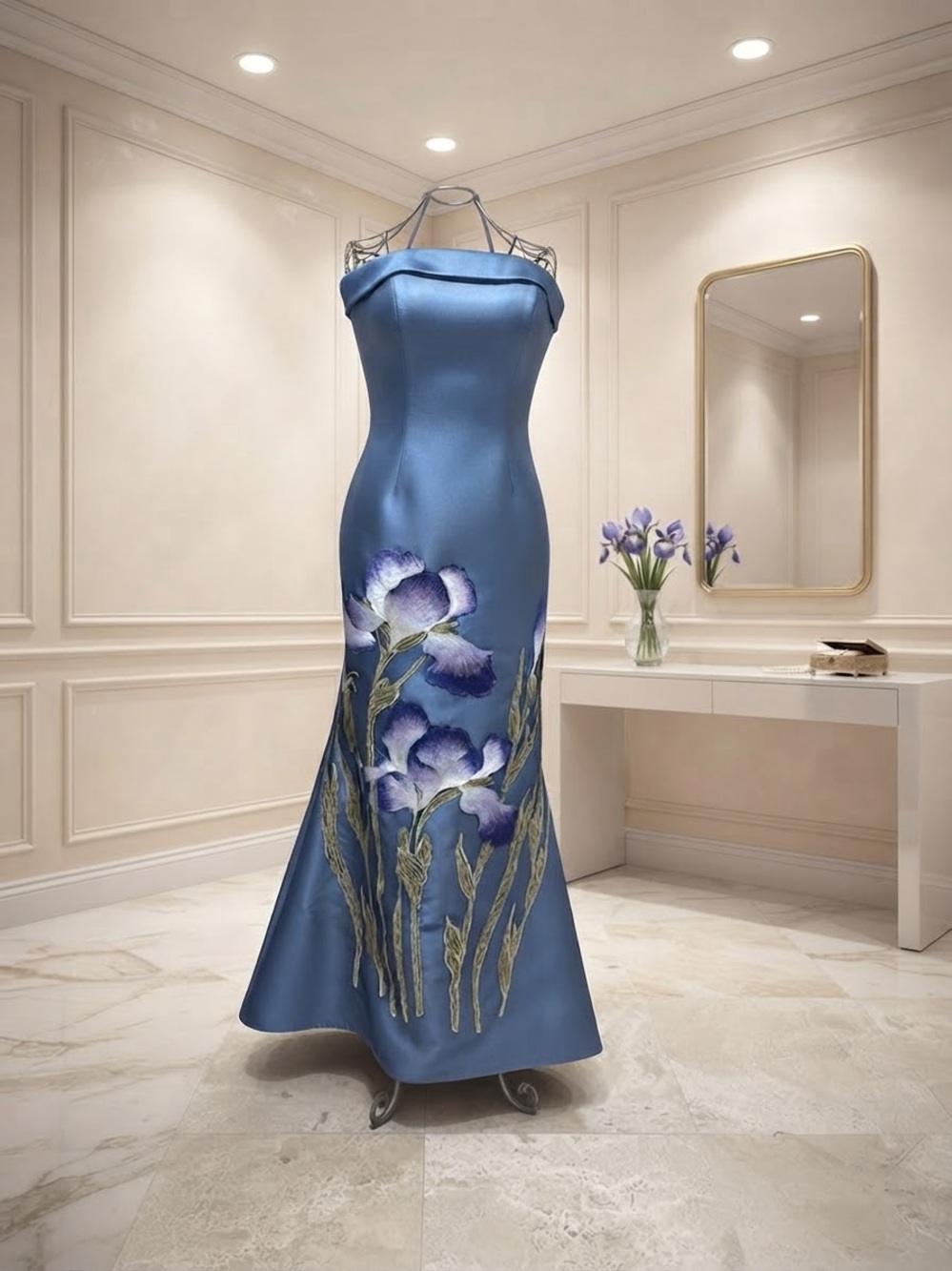 Rene Ruiz Blue Silk Mikado Hand-Embroidered Iris Gown & Custom Bow Cape Size 8